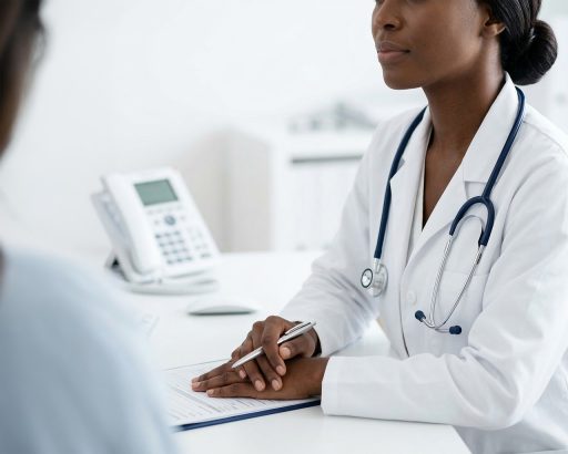 Vrouw in gesprek met een behandelaar in een cosmetische kliniek
